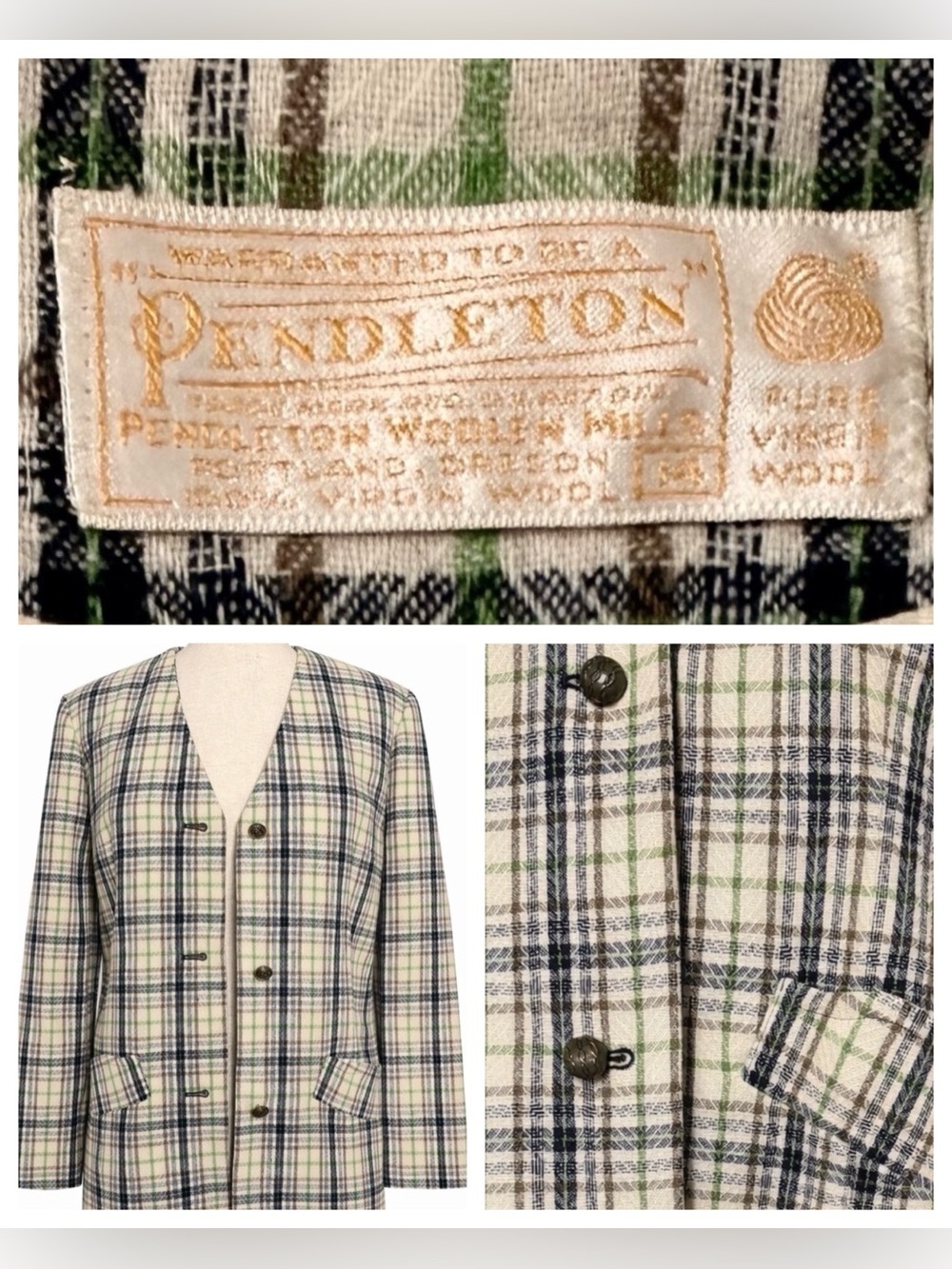 Vintage Pendleton plaid green and white wool blazer- collarless- M